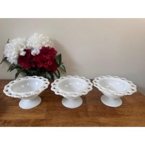Vintage Milk Glass Pedestal‎ Bowls 3 Lace Edge Loop Rim Dessert Candy Compote